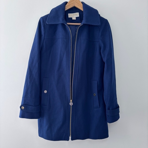 MICHAEL Michael Kors Blue Wool Blend Zip Up Collared Hooded Coat Size Medium - Picture 11 of 15